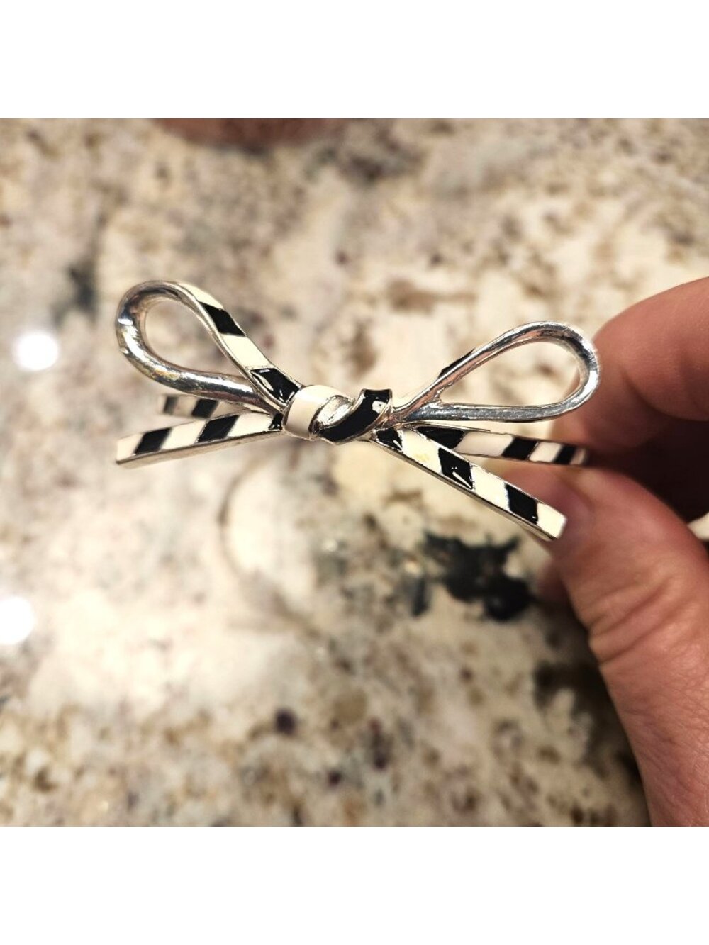 Black White Striped Enamel Bow Silver Tone Bangle Bracelet